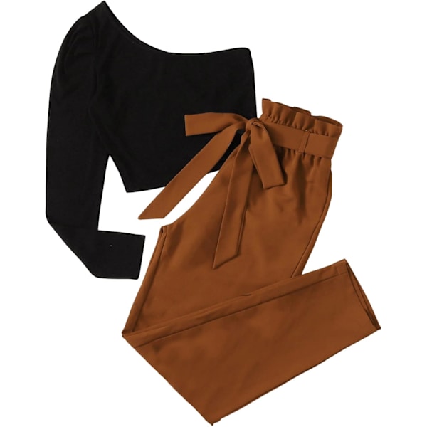 Kvinnors 2-delade outfits En axel långärmad crop top och bältade byxor