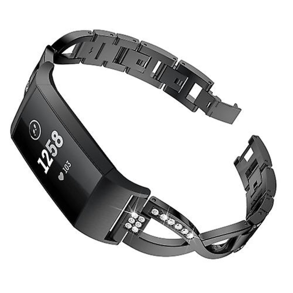 X-formet diamantbesat metal stål urrem til Fitbit Charge 3 RJW Black