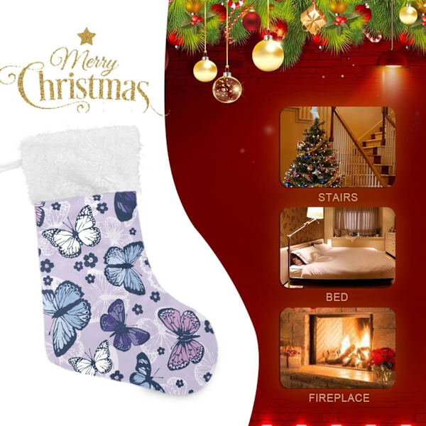 Julklapp, personliga julklappsstrumpor 2-pack Cartoon Fjäril Blommor 45,7 cm Julstrumpor Hängande Ornament Eldstad för Träd