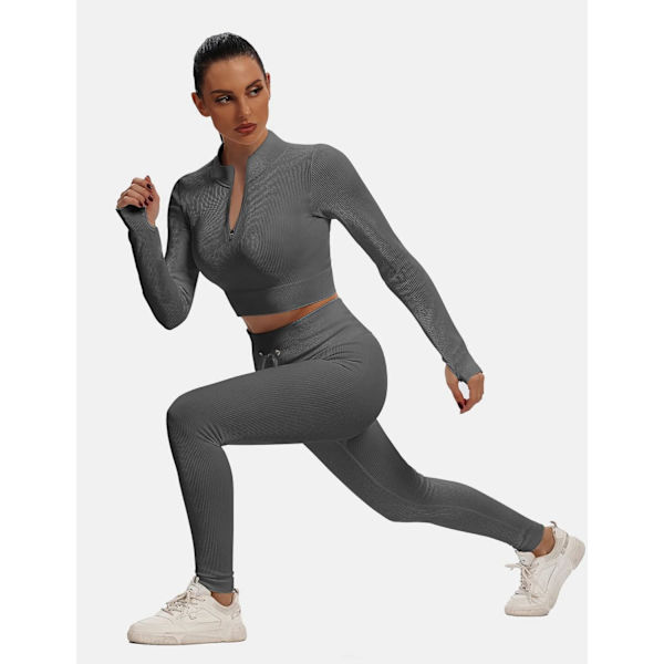 Sömlös 2-delad outfit för kvinnor Ribbad långärmad dragkedja framtill Crop Top + Hög