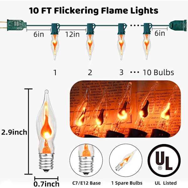 Lys - Flimrende flammelyslenke, 12,8 fot C7 Retro Halloween-lys innendørs utendørs, Twinkle flammelyslenke med 12 stk E12 sokkelflamme