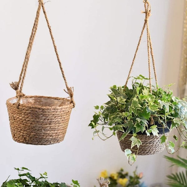 Växtupphängningar Hängande korg Jute rep Hängande blomkorg Korgkorg Fällbar sjögräs Blomkruka Macrame växtupphängningar Suckulent Krukväxt 3