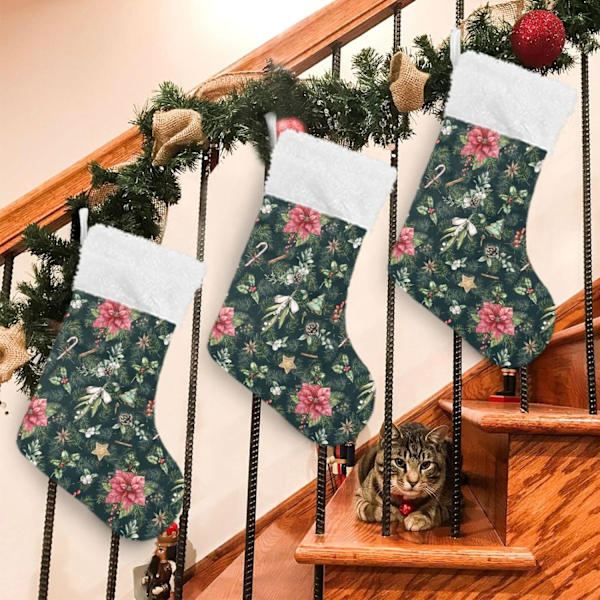 Julklapp, Personliga Julklappsstrumpor 2-pack Grön Julgran Röda Blommor 45,7 cm Julstrumpor Hängande Ornament Eldstad för B