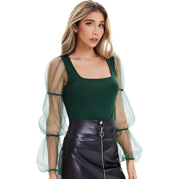 Dam elegant mesh puff ärm slim fit fest sommar crop blus toppar