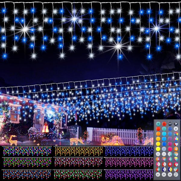 Färgväxlande istappsljus med 44 knappars fjärrkontroll, jul LED istappsljus utomhus, 240 LED 23 FT RGB vattentäta hängande ljusslingor för RGB