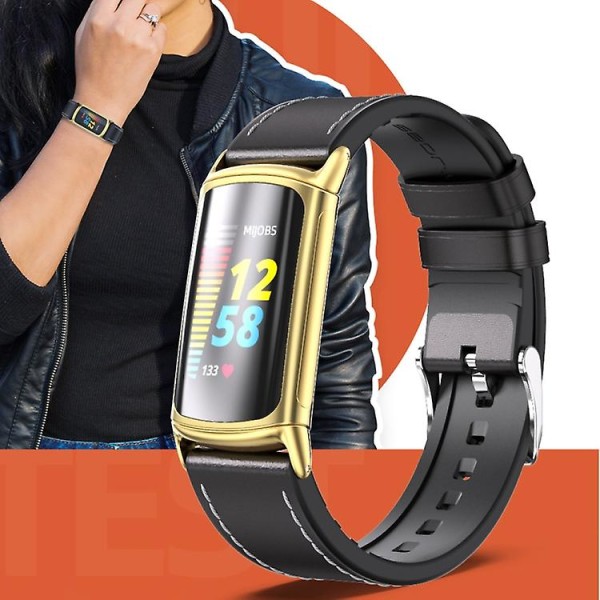 För Fitbit Charge5 Mijobs Tpu + Läderklockarmband OHN Black-Gold