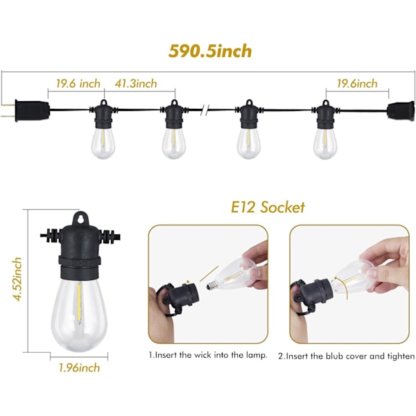 S14 50ft Udendørs Lyskæde, 2700K Varm Hvid med 15+2 Pærer, LED Uknuselige Terrasselys IP65 Vandtæt til Terrasse Baghave Hegn Halloween