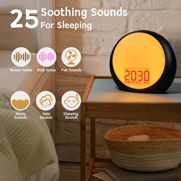 Hvid støjmaskine Vækkeur Lys Solopgang Alarmur med Solopgang Solnedgang Simulation til tunge sovende Børns soveværelse Dobbelt alarm Snooze Lyd