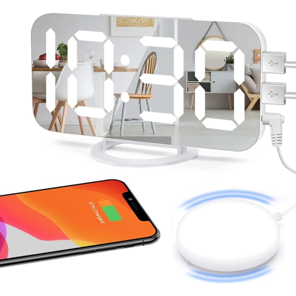 Hög digital väckarklocka för tunga sovare vuxna med sängvibrator, 2 USB-laddare, justerbar LED-lampa, snooze, larm, klocka för sovrum, vit
