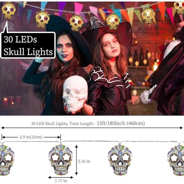 Halloween ljusslingor, 2-pack skalle ljusslingor 30 LED skalleljus 15ft Halloween dekoration ljusslingor batteri/USB-driven valfri 2 lägen