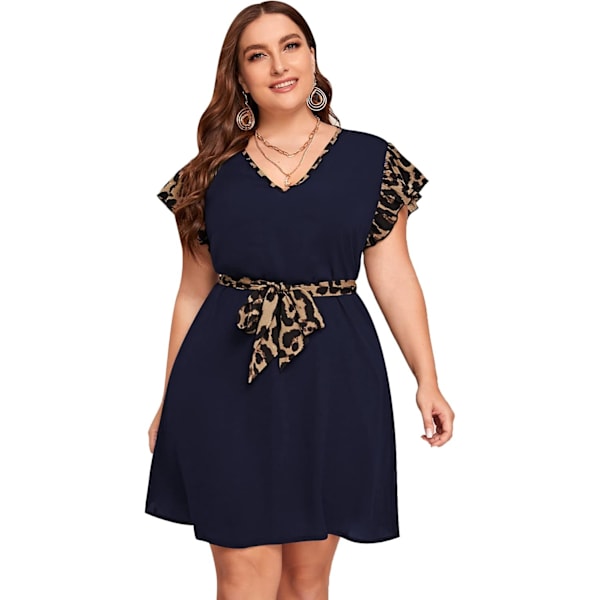 Romwe Dam Plus Size Kortärmad Leopardmönstrad Bältad Casual Tunika Midi