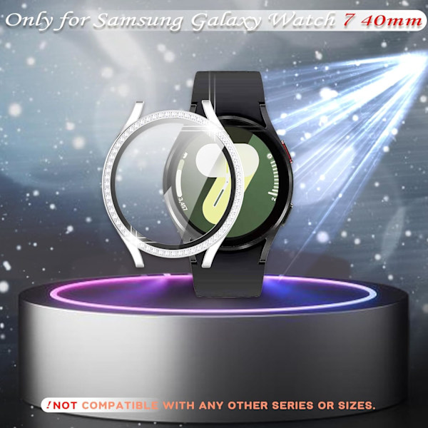Hård Skærmbeskytter Kompatibel med Galaxy Watch 7 40mm Bling Etui, Super Skinnende Diamanter Bumper, Ultra Klar Hærdet Glas Skærmfilm Fuld Beskyttelse