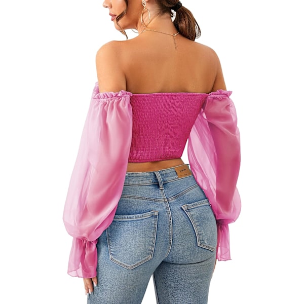 Sødt Off The Shoulder Chiffon Puff Langærmet Crop Tops Casual Sexy til kvinder