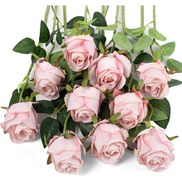 Kunstige roseblomster lang stilk - Pakke med 10, lys rosa