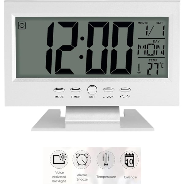 Bordsur, LCD-display Digital Sound Sensor Klocka Bordslarmklocka med Smart Nattljus och Snooze Tid/Kalender/Temperatur Display(Silver)