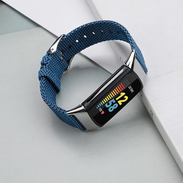 Til Fitbit Charge 5 Nylon Lærred Rem JRT Blue