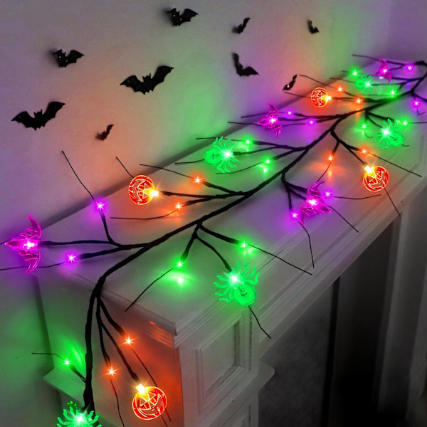 [Timer] Halloween-ljus 6 FT 54 LED Halloween-dekor Pilgren med pumpa fladdermus spindel ljus, 8 lägen batteridriven Halloween-girlang Spöklikt