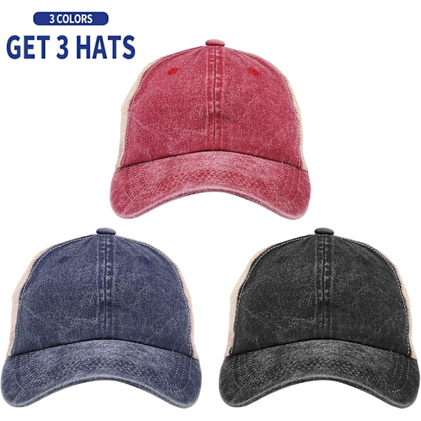 3-pack tvättade enfärgade basebollkepsar. Retro justerbara pappakepsar present till