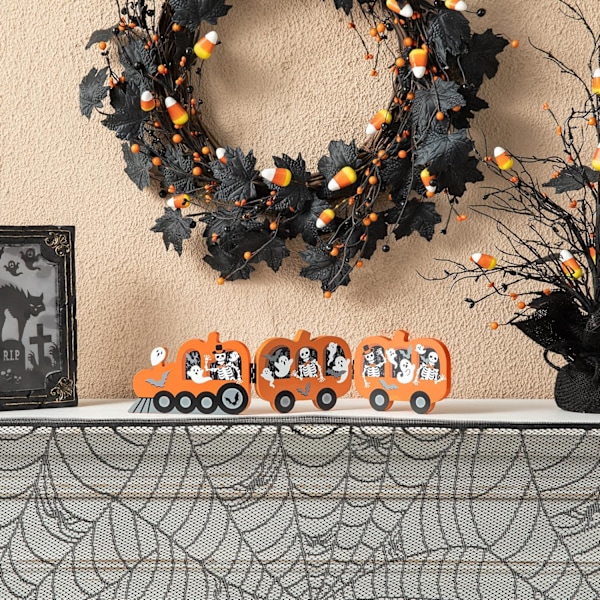 glitzhome     Skeletons and Ghosts Hinged Pumpkin Train Table Decor 16\" L, Farmhouse Rustic Wooden     Desktop Decorations, Foldable Wood Train Decor