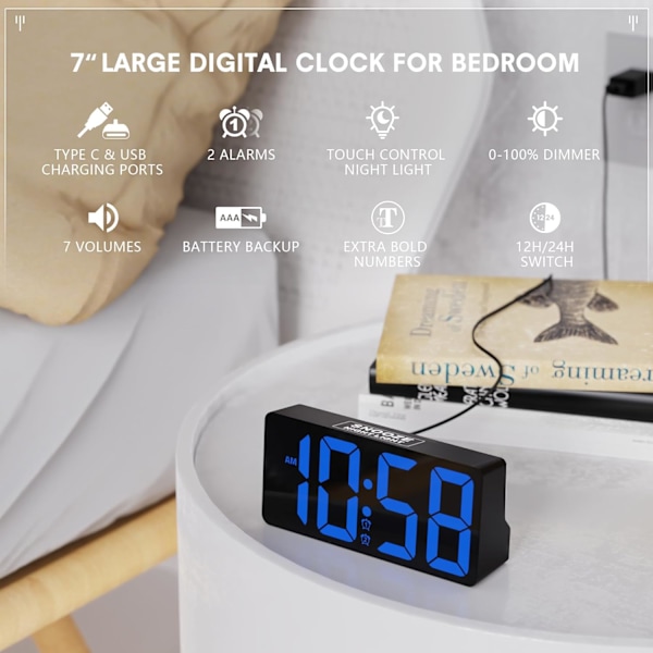 Digital väckarklocka för sovrum, 7\" digitalklocka med dubbla alarm, typ C & USB-laddningsport, nattlampa, fet siffra stor display, 7 blå