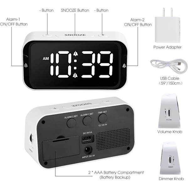 LED Digitalt Vækkeur til Soveværelse Dobbelt med Snooze til Tunge Sovere Voksne Børn med USB-port til Opladning 10~100dB Justerbar Lydstyrke Hvid