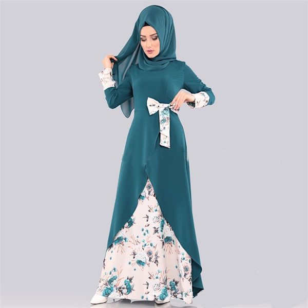 Muslimsk løs trykt kjole, Slim Fit, langarmet genser