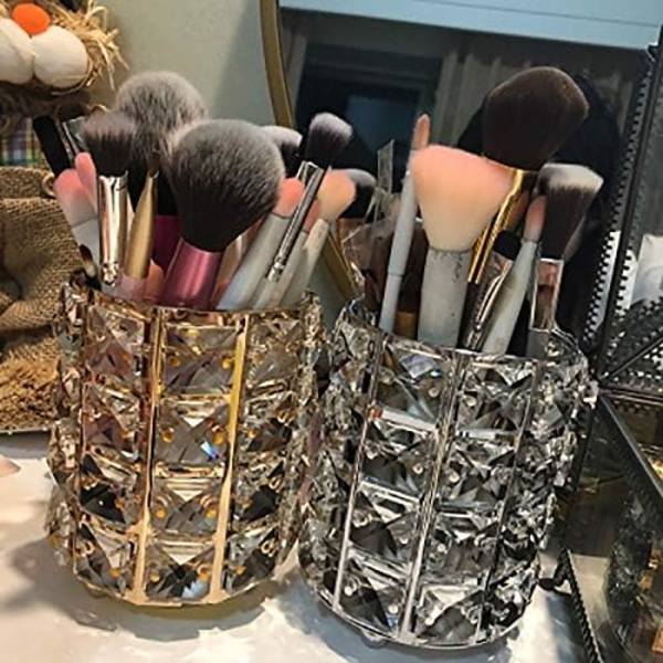 n ncil Continer Holder Office Desk ccessories Continer Mke Up Brushed Storge Box (Crystl,Gold)  Crystl,Gold  Crystal,Gold