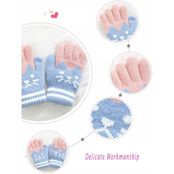 Söta kattdesign stickade handskar för barn - Vintervarma stretchiga handskar