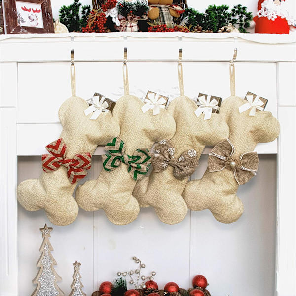 Linne Hund Bone Julstrumpor - Pet Burlap Strumpa (1-pakning)