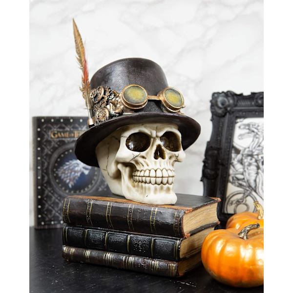 Ebros Gift Steampunk Aristokrat med kunglig fjäder och flygare pilotglasögon Skalle Figur 7,25\" H Ossuary Macabre     Skallar Skelett Multi