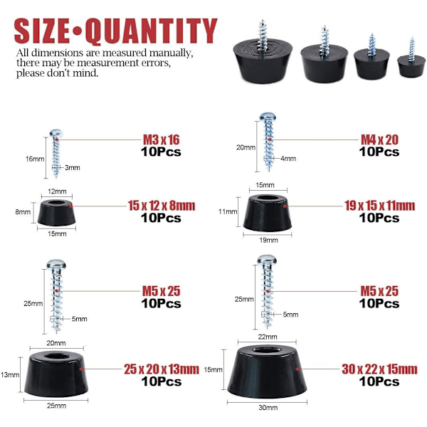 Runde sorte gummiføtter støtfangere pads - med matchende skruer til møbler