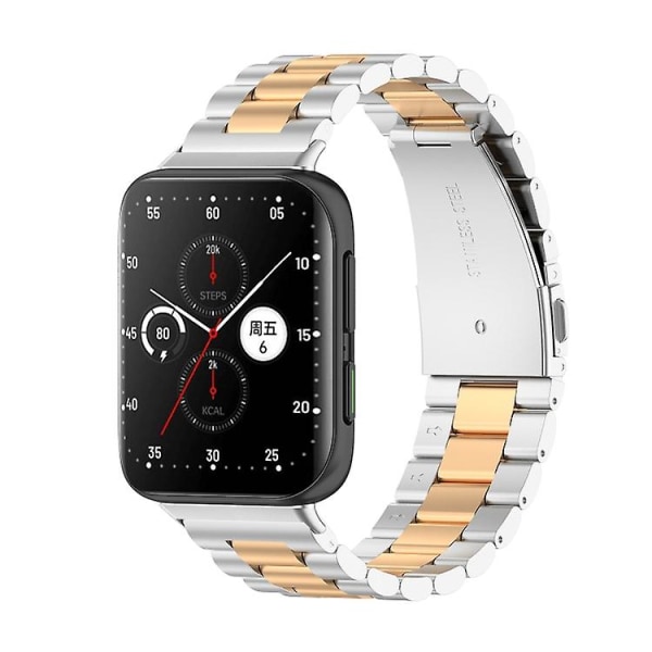 För Oppo Watch 2 42mm rostfritt stål tre-pärlor klockarmband PLD Silver Rose Gold