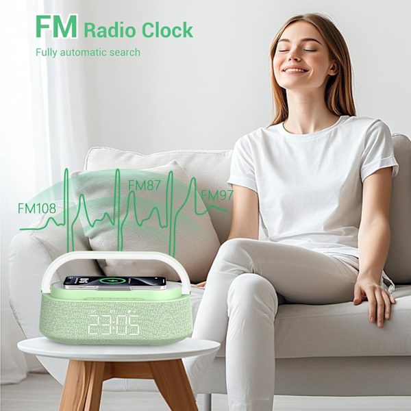 Bluetooth-högtalarväckarklocka med 15W snabb trådlös laddare, FM-radio, LED-nattlampa, trådlös laddning för sovrum, kontor, hem, presenter, grön