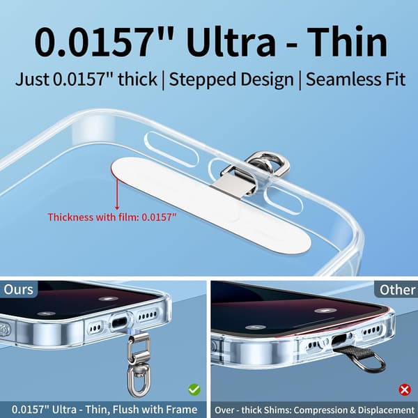 360° Roterende Telefon Tether Tab & Lanyard Connector, 20 kg Rustfrit Stål Telefonklips, Universal Drejeadapter til Stropper, Ingen-Klæbende Case Indsats
