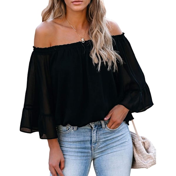 Kvinners Mesh Lang Puff Erme Topp Off Shoulder Square Neck Slim Strikket Ribbet Topper