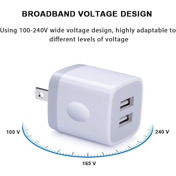 USB-adapter for vegglader, 5-pak 2,1Amp Fast Dual Port Wall