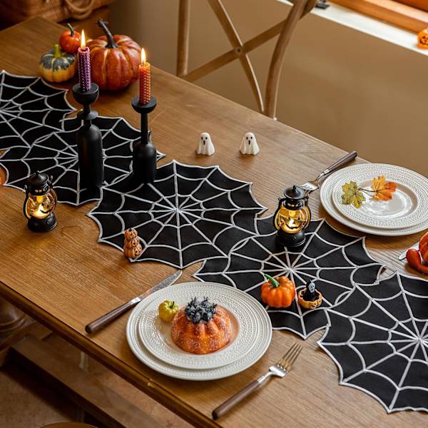 14 x 92 tum, Embroiere Spier Web bordslöpare, Svart spismantel sjal, Halloween bordsdekorationer för fester Gotisk läskiga nätter Bla Bla