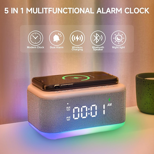 Väckarklocka Högtalare Trådlös Laddare, Digital Sovrum Bluetooth, Väckarklocka Dimbart Ljus Sovrum Dubbel Alarm Snooze Dimmer 12 24H RGB Natt