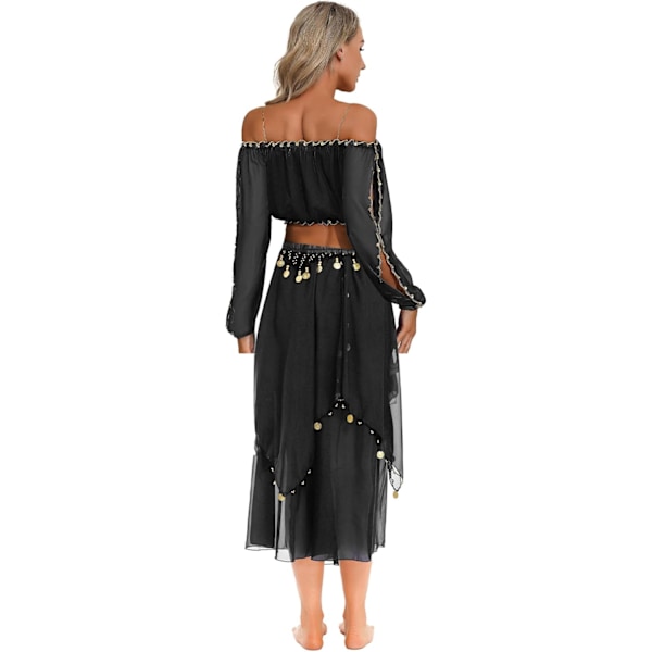 Kvinners magedansantrekk 2-delt off-shoulder utskjæring lang ermet paljetter crop top og chiffon skjørt sett svart en størrelse svart en størrelse