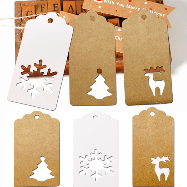 150 stk julegavemerker, 3 stiler for DIY julegaveinnpakning Kraft-gave