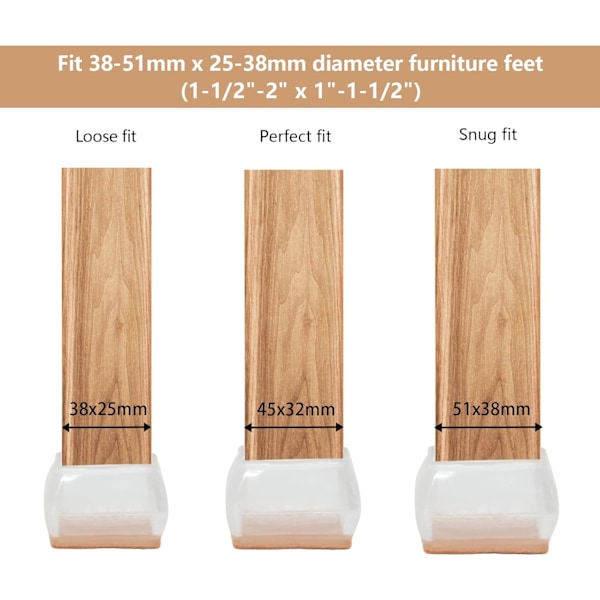 24 st transparenta möbelbenskydd med filt dynor, rektangulära stolsbensöverdrag för trägolv, förhindra repor, passar 38 till 51 mm x 25 till