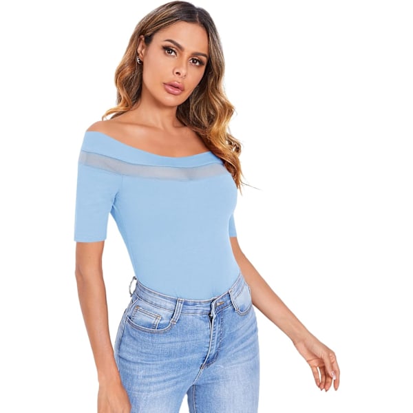 Kvinde Sexet Off Shoulder Kortærmet Slim Fit Mesh Indsats Top Skjorte