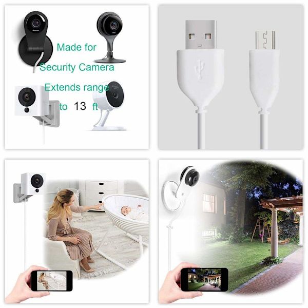 13ft Micro USB-kabelersättning för Wyze Cam, YI Dome Camera, Arlo Q
