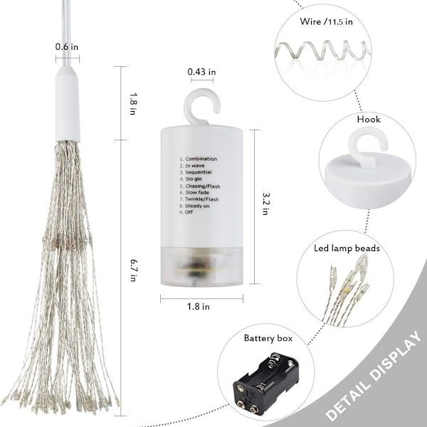 4 Pakke Fyrverkeri Lys Led Kobbertråd Stjerne Lysstrenger 8 Moduser Batteridrevne Eventyrlys med Fjernkontroll, Bryllup Dekorative Hengende Lys for