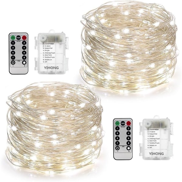 2 Set Julgransljus Batteridrivna, 16ft 50LED, Fjärrkontroll Timer Twinkle String Lights 8 Lägen Silvertråd Firefly Lights för Vit