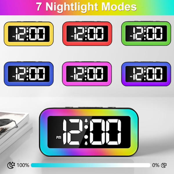 Färgglad nattlampa LED digital väckarklocka med superhög dubbelalarm, vardagsläge, snooze, dimmer, USB-laddningsport för vardagsrum, sovrum,