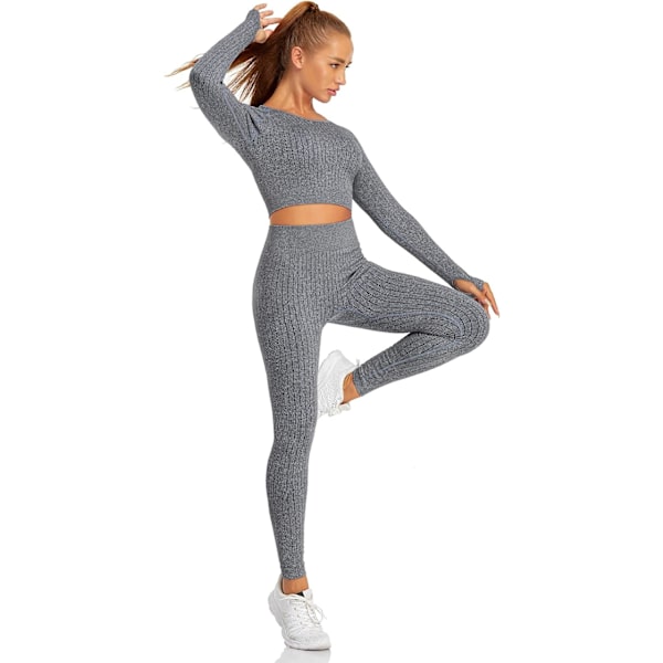 Sömlös yogasett 2 delar för kvinnor långärmad träningskläder gym crop tops