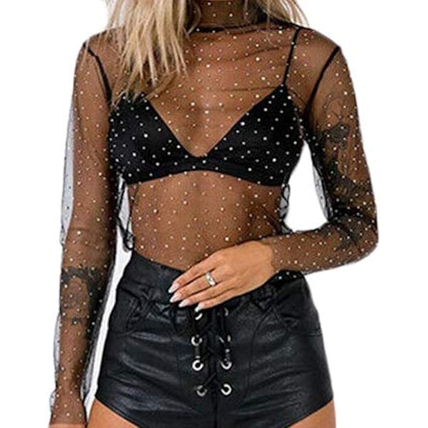 Kvinners Sexy Gjennomsiktige Skjorter Mesh Sheer Glitter Sequin Topper Lang Ermet