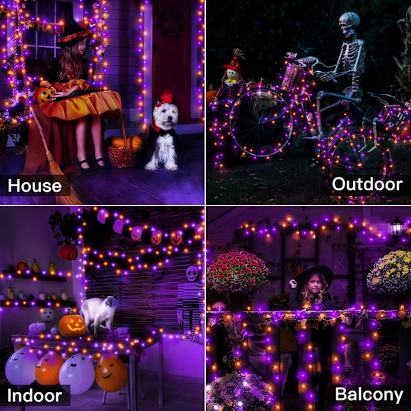 Halloween-lys utendørs, 300 LED 100FT oransje og lilla med 8 moduser timer, plugg inn Halloween-lyskjede for innendørs utendørs husgård