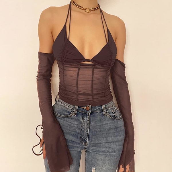Kvinners Sexy Mesh Patchwork Langærmet Halter Crop Cami Top Ryggløs Selvbinding